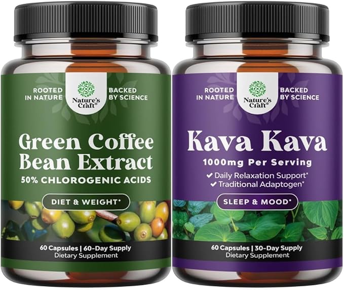 Bundle of Green Coffee Bean Extract with 50% Chlorogenic Acid for Antioxidant Heart Health, Mental Focus, and Size Reduction, and Kava Kava Root Extract 1000mg with Kavalactones for Balanced Mood