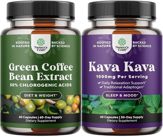 Bundle of Green Coffee Bean Extract with 50% Chlorogenic Acid for Antioxidant Heart Health, Mental Focus, and Size Reduction, and Kava Kava Root Extract 1000mg with Kavalactones for Balanced Mood