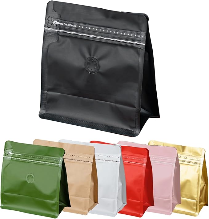 50 Pcs 0.5lb Balck Sqaure Coffee Bean Bags with Valve, Easy Tear Open & Repeating Sealed Zipper, Heat-Seal Stand Up & Flat Bottom Coffee Bag, 8oz Capacity 7.6.1x6.5 Inch