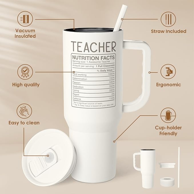 Teacher Appreciation Gift – 40oz Stainless Steel Insulated Tumbler with Handle and Straw - Teacher Nutrition Facts Travel Coffee Mug Cup for Women Back to School Birthday Christmas