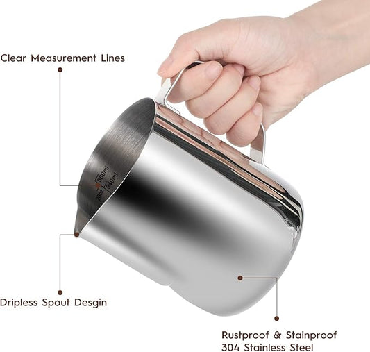 Milk Frothing Pitcher, Thicker Version 600ml 20oz Steaming Pitchers Stainless Steel Milk Coffee Cappuccino Latte Art Barista Steam Pitchers Milk Jug Cup with Decorating Pen