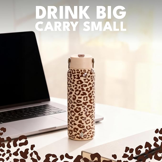 Elemental 40oz Insulated Water Bottle with Straw - 100% Leak-Proof Stainless Steel Core Water Bottles for Travel, Sports and Gym - Double Wall Insulation & BPA Free - Beige Leopard