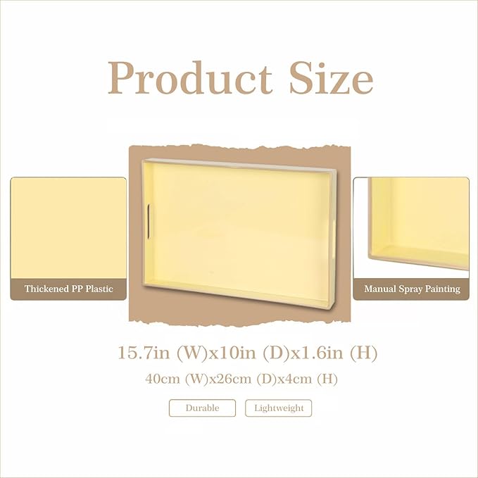 Zosenley Decorative Tray, Rectangular Plastic Tray with Handles, Modern Vanity Tray and Serving Tray for Bathroom, Kitchen, Ottoman and Coffee Table, 15.6” x 10.2” (Light Yellow)