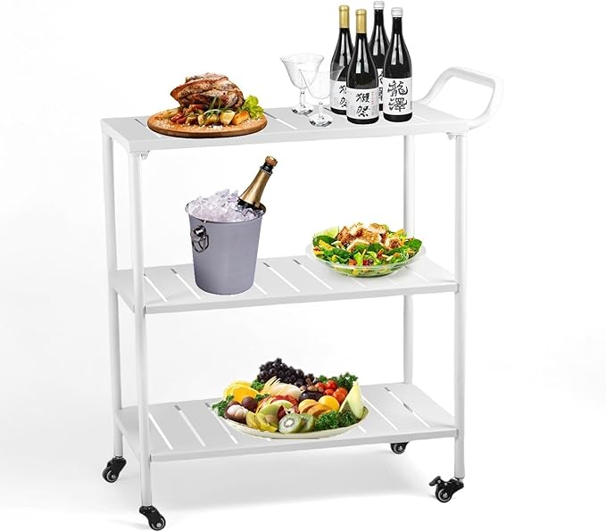 Modern Kitchen Bar Cart on Wheels Metal Rolling Serving Carts with 3 Tier for Storage Mobile Kitchen Island with Lockable Casters and Side Handle for Outdoor& Indoor -33.5 * 15.7 * 37.2inch(L*W*H)