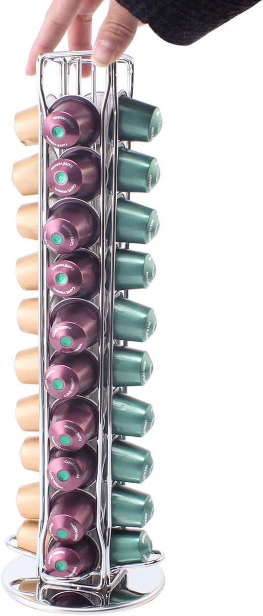 SEVENLINE Coffee Pod Holder Stand Compatible With Nespresso Original Pods Carousel Storage Rack Capsules Organizer For 40 Capsules (Silvery)