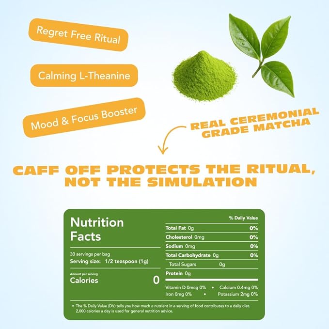 Caff Off Decaf Mango Matcha Green Tea Powder From Japan – 1.06 oz / 30 g – Ceremonial Grade & Sugar-Free - No Fillers or Milk Powders – Naturally Decaffeinated Without Chemicals – Tested for Heavy Metals – First Harvest, Shade-Grown & Caffeine-Free Mat...
