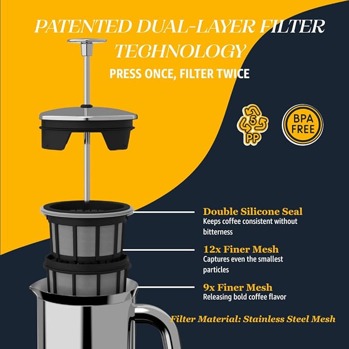ESPRO P7 French Press Stainless Steel 304 – Patented Double Walled Micro-Filter Insulated French Press Coffee Maker, Grit-Free Brew - Heat Resistant Plastic Free Coffee Maker, Polished (32oz)
