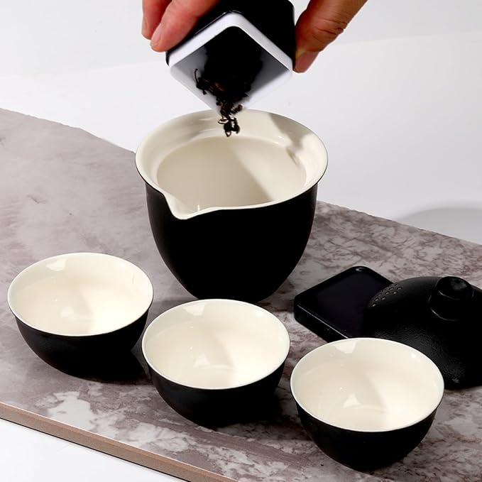 Porcelain Chinese Gongfu Tea Sets for Adults Portable Kungfu Teapot and Cup Set Small Ceramic Tea Party Set Travel Teaset with Lid for Home Gifting Outdoor and Office (Black)