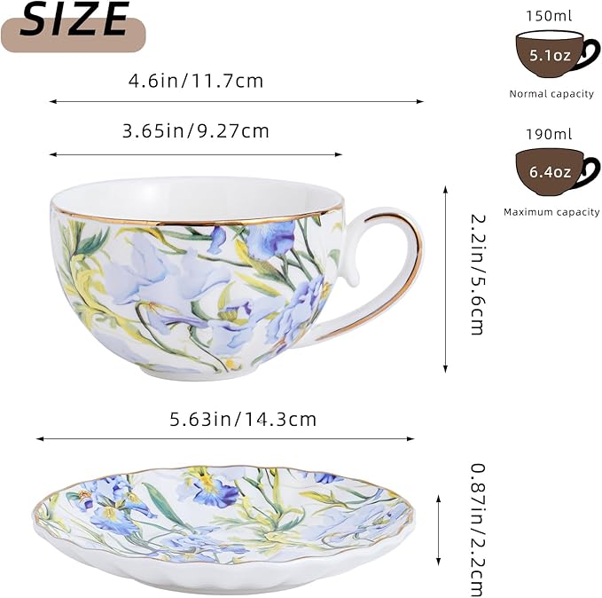 Tea Cup and Saucers, 6.4oz Floral Tea Cups with Gold Trim, Coffee Cappuccino Espresso Latte Mugs for Party Birthday,Christmas Gift (Iris - Blue)