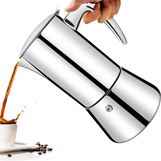 Vaolvpant No Coating 4 Cup Thickened 304 Stainless Steel Moka Pot Stovetop Espresso Maker Italian Coffee Machine 200ml 6.8oz Suitable for Gas Induction Stovetop Greca Coffee Maker Percolator