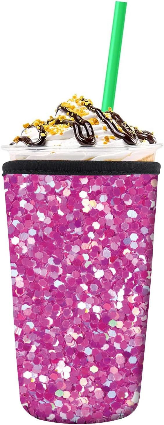 Reusable Neoprene Insulator Sleeve for Iced Coffee Cold Soda Cups, Cute Durable Drink Sleeve for Cold Beverages, Medium 22-28oz Cup Sleeve Luxuious Pink Marble