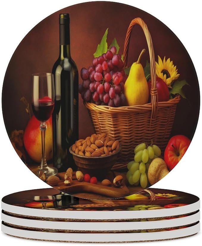 Red Wine Drink Coasters, Round Ceramic Drink Coaster Round-4PCS, Retro Red Wine Bottle and Grapes Fruit Basket Pattern Decor Absorbent Ceramic Coasters for Beverage Cup, Bar, Coffee Table