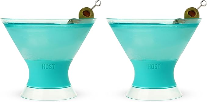 HOST Freeze Insulated Martini Cooling Cups, Plastic Freezer Gel Chiller Double Wall Stemless Cocktail Glass Set of 2 9oz, Tinted Aqua Blue, Green