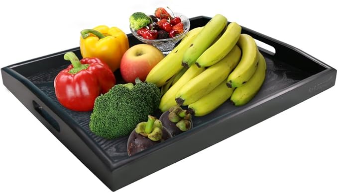 Serving Tray Black Large Food Breakfast Wood Butler Tray with Handle 17.77 x 13.72 x 1.78