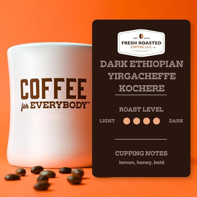Fresh Roasted Coffee, Dark Ethiopian Yirgacheffe Kochere, 12 oz, Dark Roast, Kosher, Whole Bean