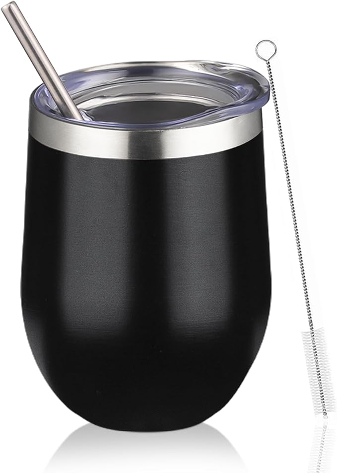 12oz Wine Tumbler with lid, Stainless Steel Travel Mugs Stemless Double Wall Insulated Coffee Cup, Insulated Wine Glasses Travel Tumbler for Cold & Hot Drinks(Black, 1)