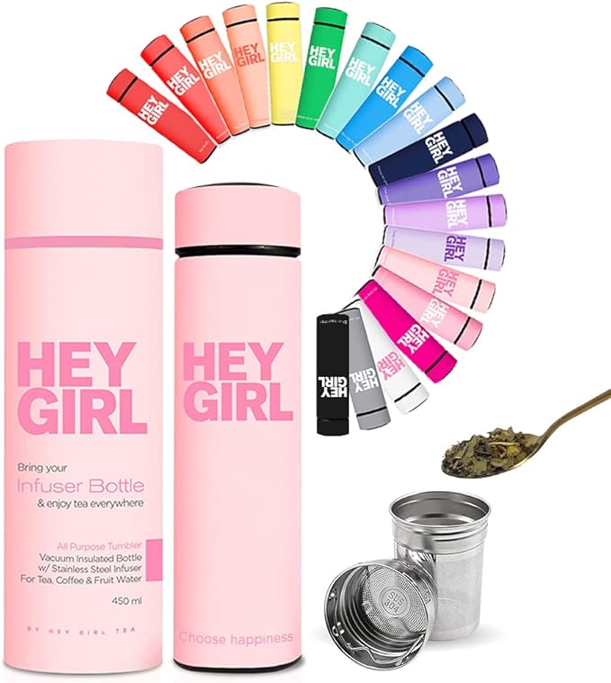 Hey Girl Tea Infuser Bottle 450ml - Insulated Stainless Steel Water Bottle - Tea Tumbler with Tea Diffuser - Portable Travel Mug for Loose Leaf Tea & Infused Water - Tea Lovers Gifts for Women