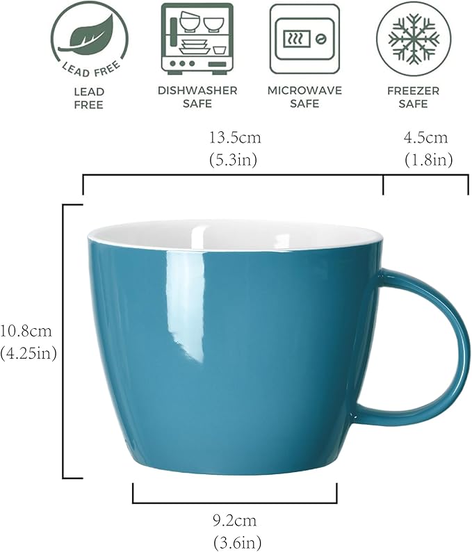 30oz Ceramic Jumbo Coffee Mug Soup Bowl with Handle for Soup, Coffee, Tea, Ice Cream, Fruit, Cereal, Milk, Mocha, Cocoa and Mulled Drinks, Microwave and Dishwasher Safe, Aqua Blue