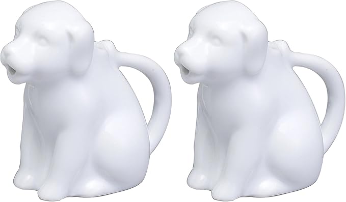 HIC Kitchen Mini Dog Creamer With Handle, Fine Porcelain, 2-Ounce, For Serving Milk, Cream, Syrup, Dressings, And Sauces, Set of 2