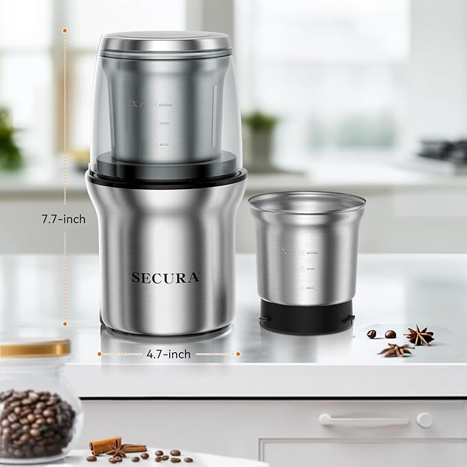 Secura Electric Coffee Grinder and Spice Grinder with 1 Stainless Steel Blades Removable Bowl, Dry Grinding