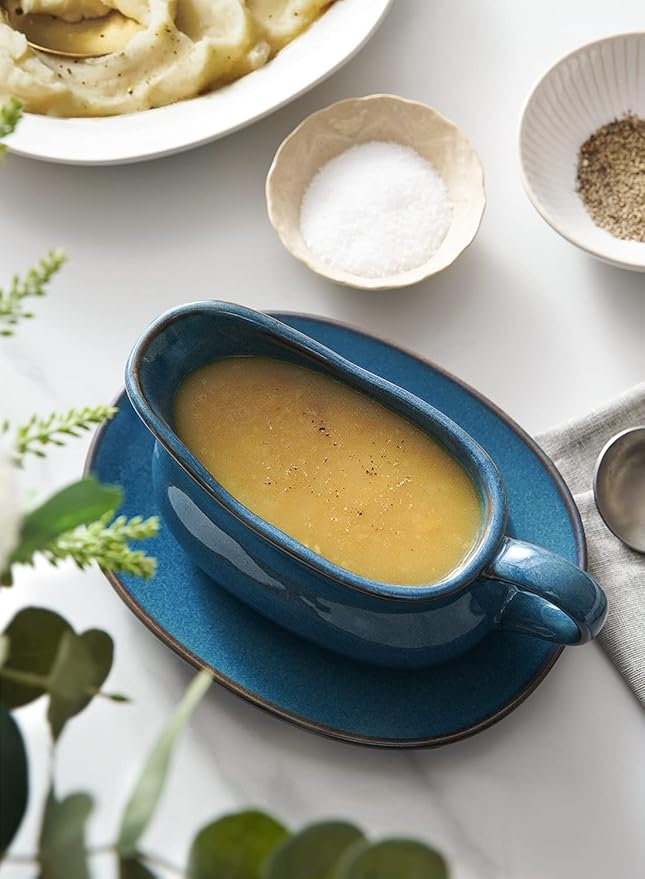 LE TAUCI 17oz Gravy Boat with Saucer Stand, Set of 2, Ceramic Sauce Boat with Tray for Salad Dressings, Creamer, Broth, Black Pepper, Ceylon Blue