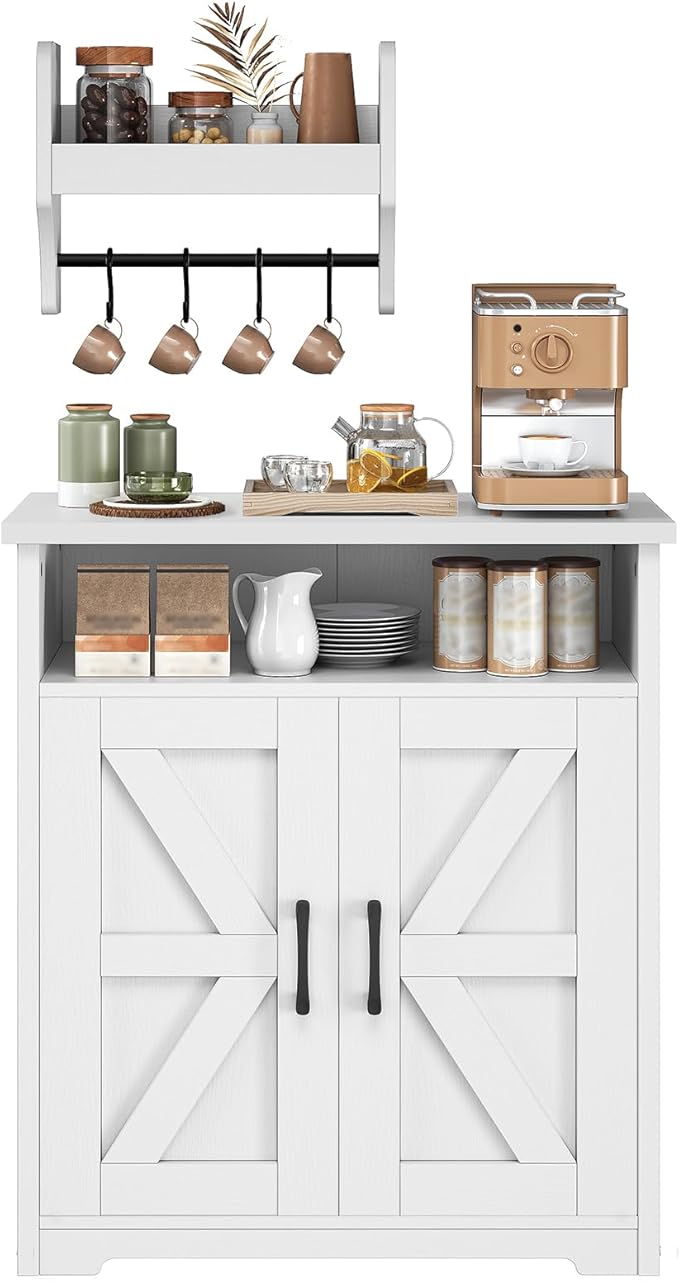 Coffee Bar Cabinet, Kitchen Island with Storage, Farmhouse Sideboard Buffet Cabinet with Dual-Purpose Floating Shelf and Hooks, for Kitchen, Restaurant, Living Room, White KF22WT