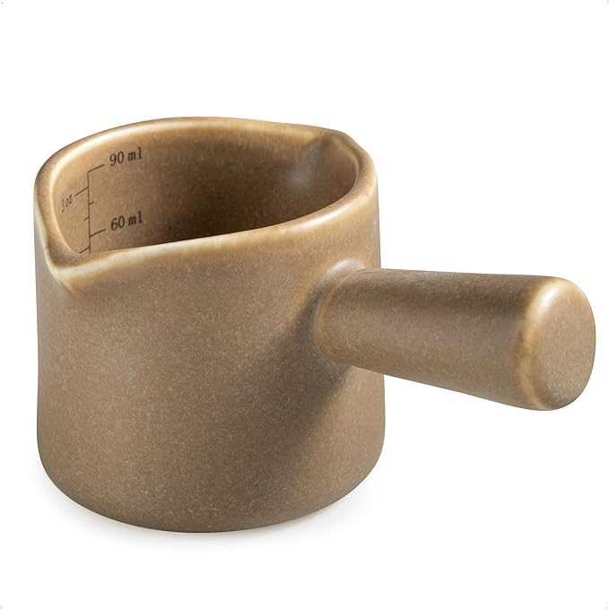YHOJOY Espresso Measuring Cup, Ceramic Espresso Cup with Handle, Expresso Shots Cups Double Spouts Milk Cup, Espresso Accessories, 3 Oz/ 90 Ml, Brown