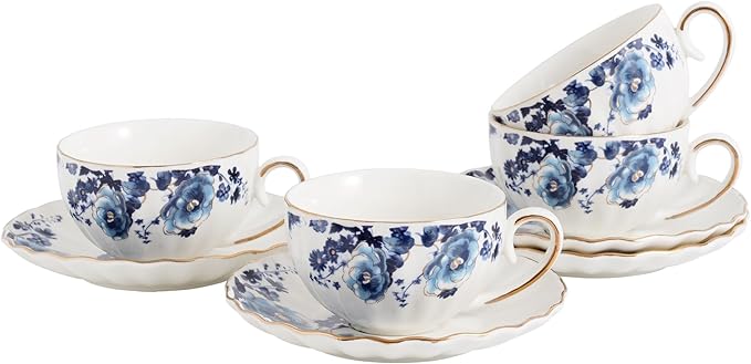 ceramic tea cup and saucer set of 4,floral teacup sets for Coffee, Latte, Cafe Mocha and Tea (Dark blue flowers)