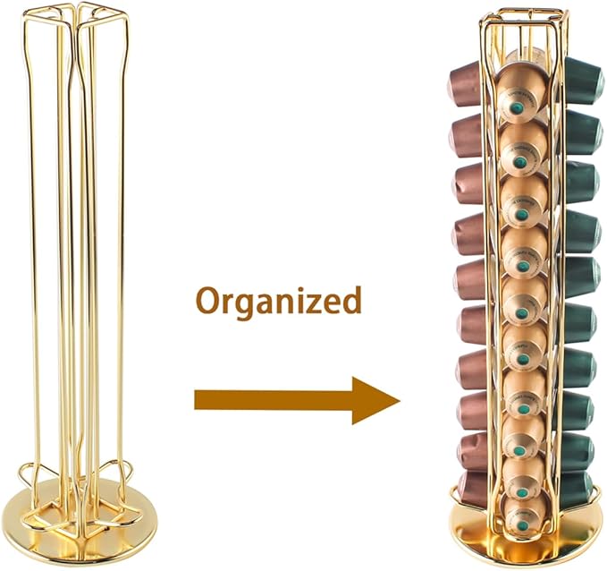 SEVENLINE Coffee Pod Holder Stand Compatible With Nespresso Original Pods Carousel Storage Rack Capsules Organizer For 40 Capsules (Gold)