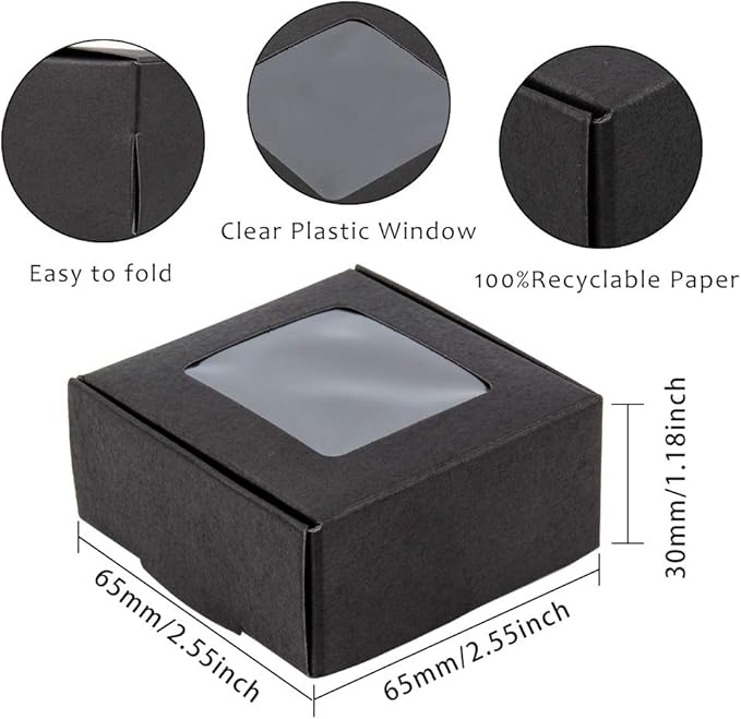 BENECREAT 30 Packs 2.5x2.5x1.2 Square Black Kraft Paper Boxes with Clear Windows for Wedding Party Favor Treats, Bakery, Jewelry, Christmas, Festival Gift Packaging
