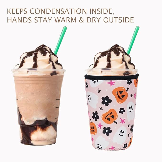 Reusable Insulated Neoprene Iced Coffee Cup Sleeve, Durable Drink Sleeve for Cold Beverages, Beverage Holder for Iced Coffee, Hello Pumpkin