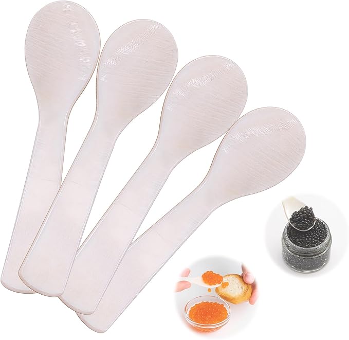 Caviar Spoons, Mother of Pearl Caviar Spoon Set of 4 with Hand Craft W Round Handle for Egg, Ice Cream, Coffee, Restaurant Serving(9cm/3.54 Inch)