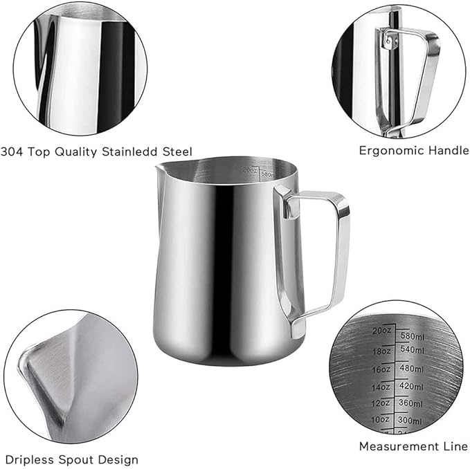 20 oz Milk Frothing Pitcher, 304 stainless steel 600ml milk can coffee frothing cup with art deco pen milk jug coffee cup used to make cappuccino latte