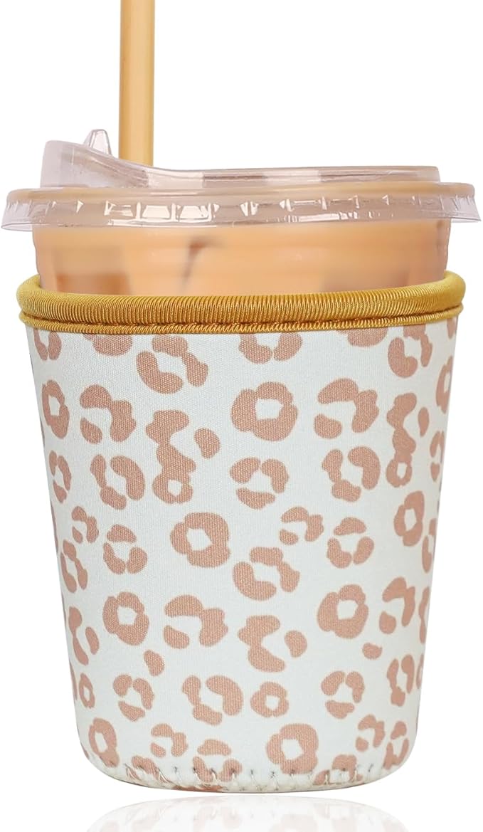 Reusable Insulated Sleeve for Iced Coffee Cup, Coffee Neoprene Sleeve for Cold & Hot Drinks, Beverage Holder for Iced Coffee (Leopard Grace, Small: 16-18oz)