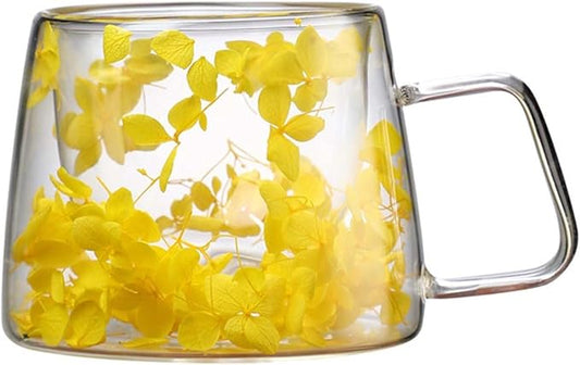 Generic Double Wall Insulated Glass Cup,Dried Flower Mug with Handle,Creative Transparent Coffee Cups,Gift for Women Mom Female (Yellow)