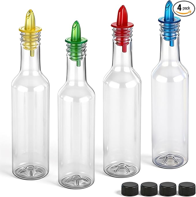 Tioncy 4 Sets 10oz Plastic Liquor Bottles with Pourers Sets 4 Plastic Long Neck Syrup Bottles with Pourer and Caps Reusable Leakproof for Home Party Bar(Red, Yellow, Blue, Green)