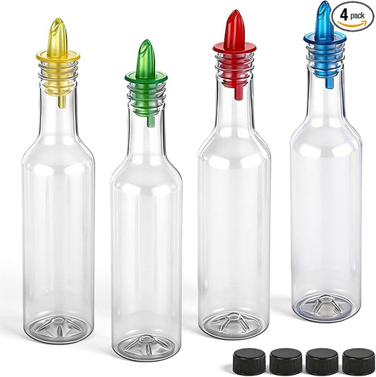 Tioncy 4 Sets 10oz Plastic Liquor Bottles with Pourers Sets 4 Plastic Long Neck Syrup Bottles with Pourer and Caps Reusable Leakproof for Home Party Bar(Red, Yellow, Blue, Green)