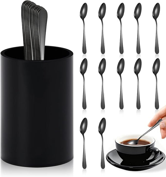 12 PCS Black Coffee Spoons with Holder 4.92 Inch Mini Coffee Spoons Small Espresso Coffee SpoonsBlack Dessert Spoons Stainless Steel Tea Spoons Set of 12 for Tea Party Coffee Bar
