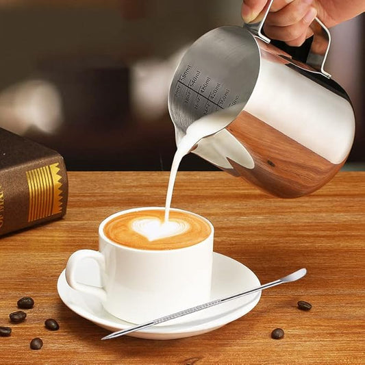 Milk Frothing Pitcher, 600ml (20oz) Milk Frother Cup Stainless Steel Jug Steaming Pitcher, Milk Coffee Cappuccino Latte Art Barista Steam Pitchers Milk Jug Cup with Decorating Pen