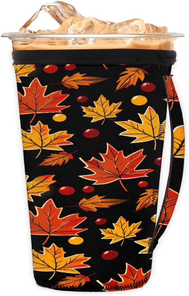 Reusable Iced Coffee Sleeve with Handle, Fall Autumn Maple Leaves Pattern Neoprene Cup Sleeve Insulator Cup Holder for Cold Drinks Beverages 24oz - 28oz