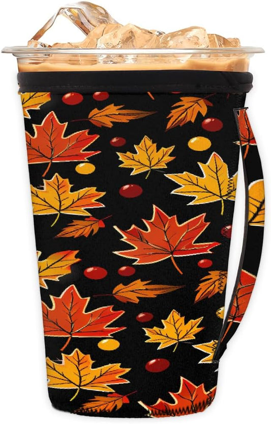 Reusable Iced Coffee Sleeve with Handle, Fall Autumn Maple Leaves Pattern Neoprene Cup Sleeve Insulator Cup Holder for Cold Drinks Beverages 24oz - 28oz