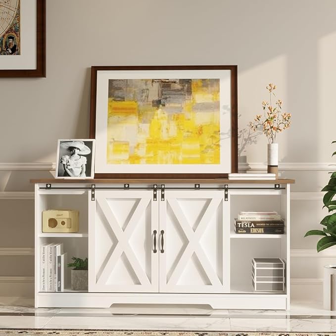 4 EVER WINNER Farmhouse Coffee Bar Cabinet, 59" Buffet Cabinet with Storage & Sliding Barn Doors, Kitchen Storage Cabinet, Coffee Station, Living Dining Room, White