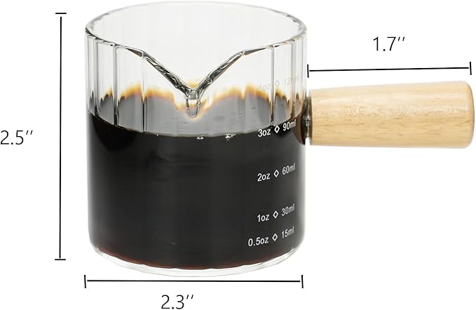 Espresso Cups Set of 2, 4 OZ Espresso Shot Glasses with Wood Handle, V-Shaped Spouts Cups, Ribbed Milk Frothing Pitcher, Glass Measuring Cup, Coffee Espresso Accessories, Demitasse Cups, Small (Clear)