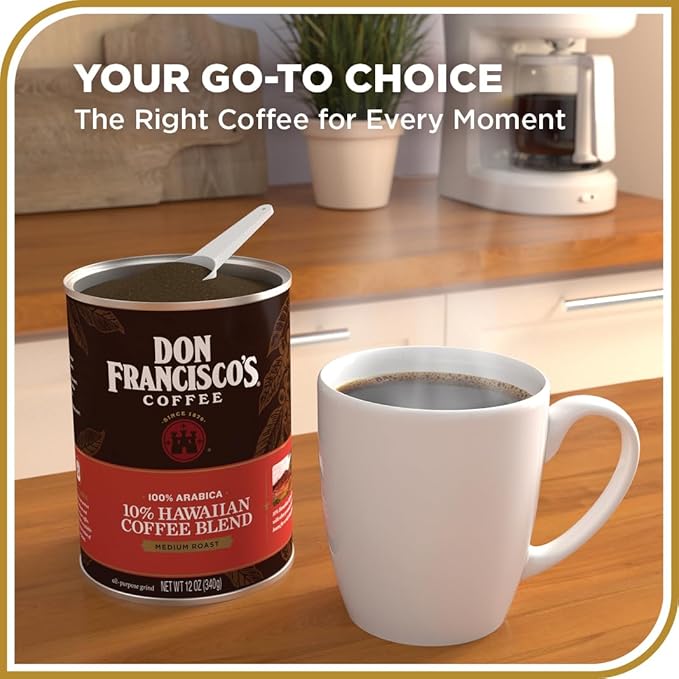 Don Francisco's Premium Hawaiian Blend Ground Coffee, 10% Hawaiian, Rich Flavor, Floral Aroma, Fruity Notes, 12 oz Recyclable Can
