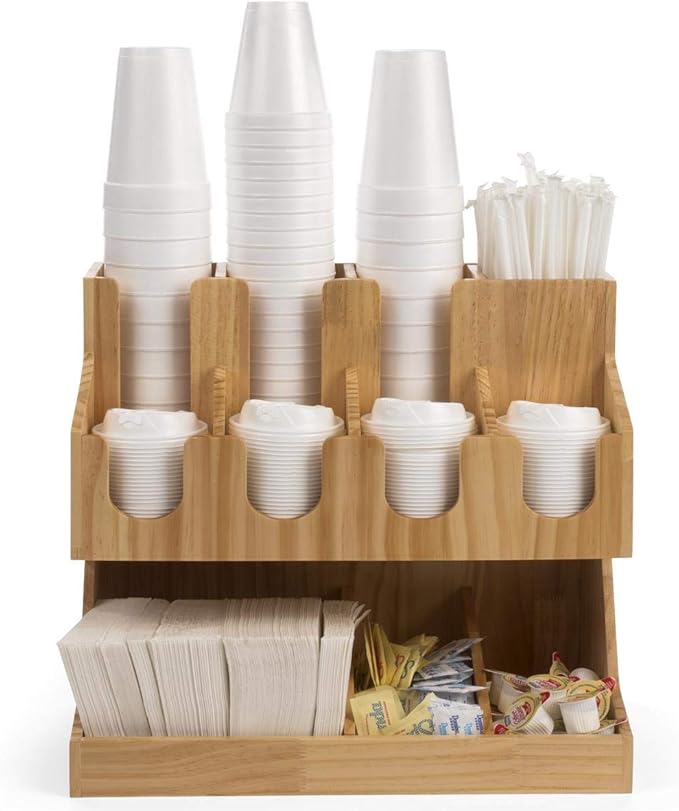 Displays2go Café Coffee Supply Station, 11 Compartments – Pine (FSWDCOT11)