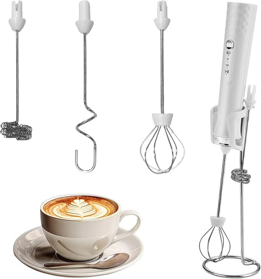 JFX Rechargeable Milk Frother Handheld with 3 Detachable, Rechargeable Coffee Frother Wand, 3 Speed Adjustable, Handheld Drink Mixer for Coffee, Lattes, Protein Shakes, Matcha, Egg with Storage Base