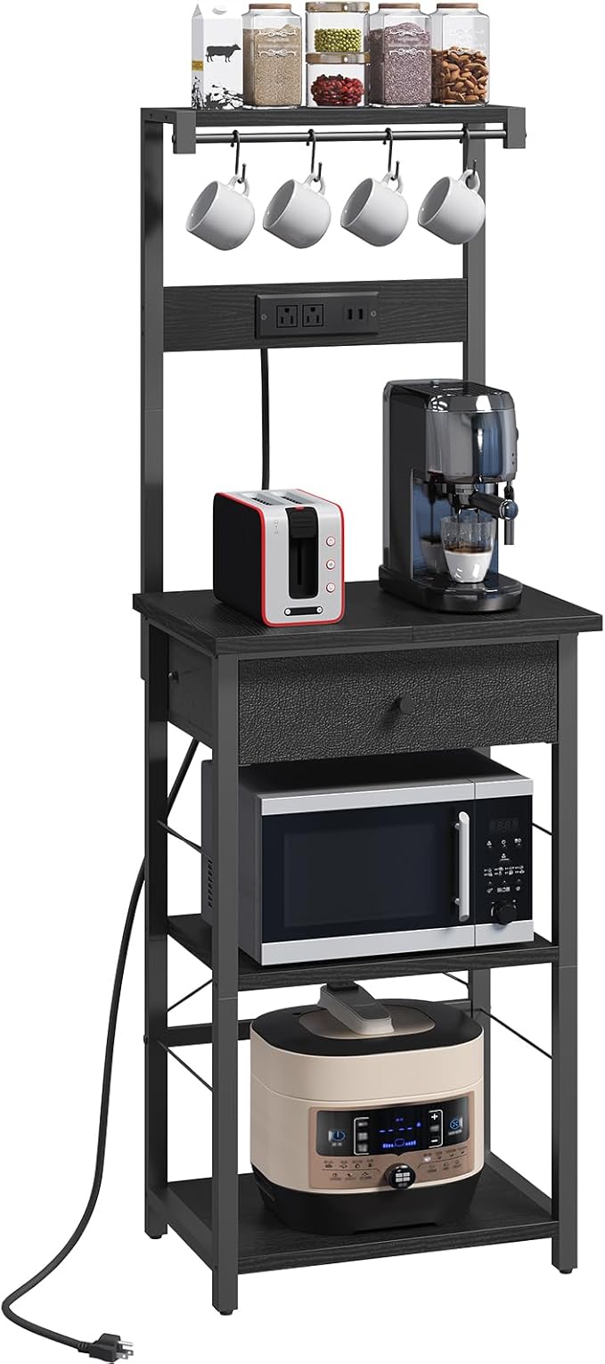 Bakers Rack with Drawer, Microwave Stand with Power Outlet, Coffee Bar Station with 4 Hooks, Kitchen Storage Shelf Rack 4 Tiers, for Kitchen, Dining Room, Black BRBK48E01
