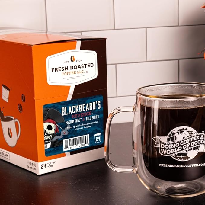 Fresh Roasted Coffee, Blackbeard's Revenge, Medium Roast, 24 Pods for K Cup Brewers