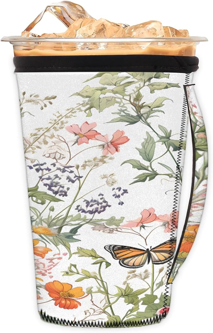 Reusable Iced Coffee Cup Sleeve Spring Flowers Butterfly Neoprene Insulated Sleeves Cup Holder with handle Idea for 30oz - 32oz