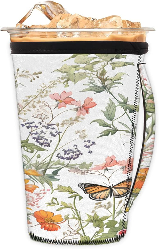 Reusable Iced Coffee Cup Sleeve Spring Flowers Butterfly Neoprene Insulated Sleeves Cup Holder with handle Idea for 30oz - 32oz